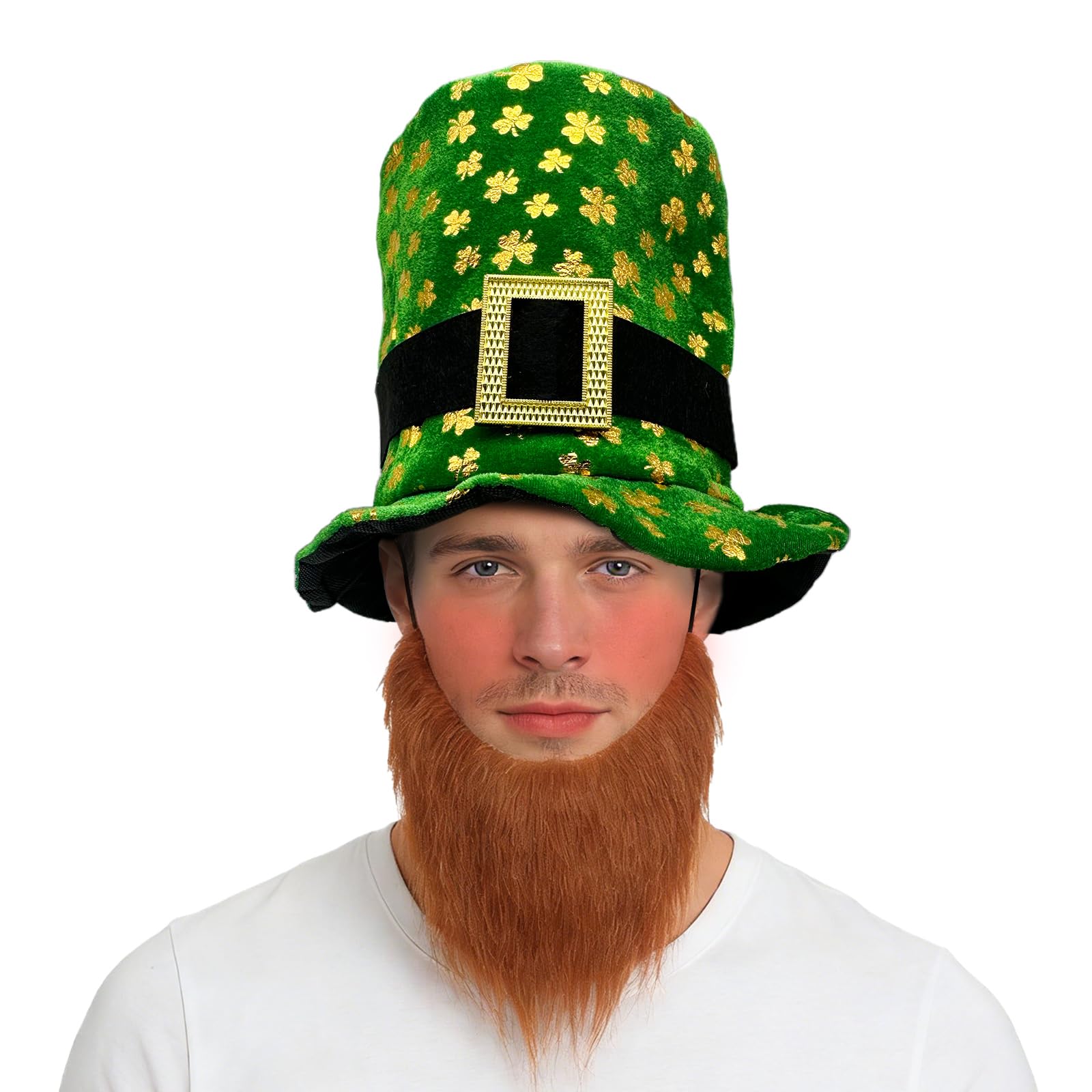 GYIOFAI 2 Pcs Irish Leprechaun Top Hat with Ginger Beard, Adult Green Top Hat with Buckle and Gold Shamrock Decorations, St Patrick's Day Accessories Fancy Dress Costume Accessory for Men and Women