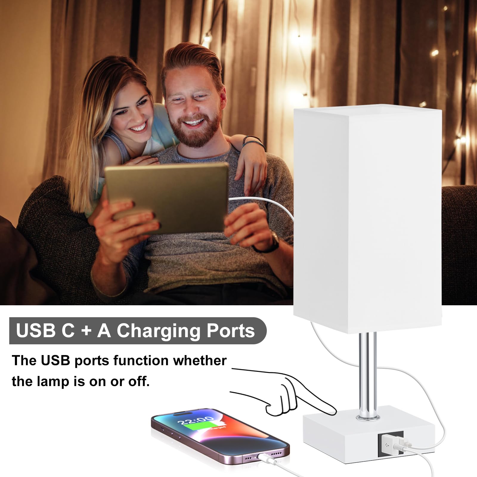 Ambimall Lampa stołowa ze sterowaniem dotykowym z portami ładowania USB A+C – 3-kierunkowe lampy dotykowe przy łóżku, lampka nocna do sypialni, salonu, przedszkola, żarówka LED w zestawie (biały