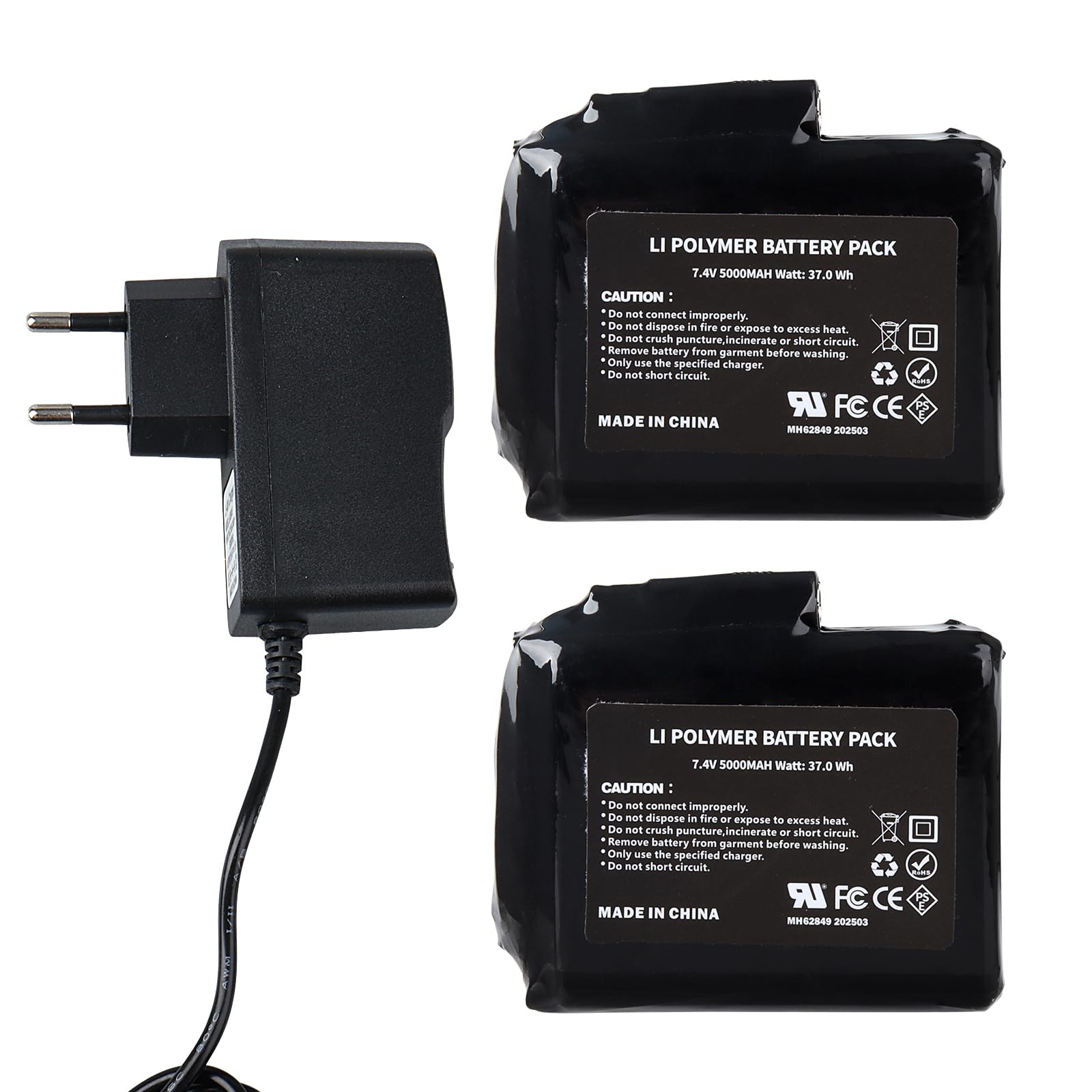 2Pcs 7.4V 5000mAh Baterías Recargables de Polímero de Litio de 37 WH con Cargador para Guantes, Calcetines, Pasamontañas, Gorros, Plantillas, Ropa Interior Térmica y Mitones