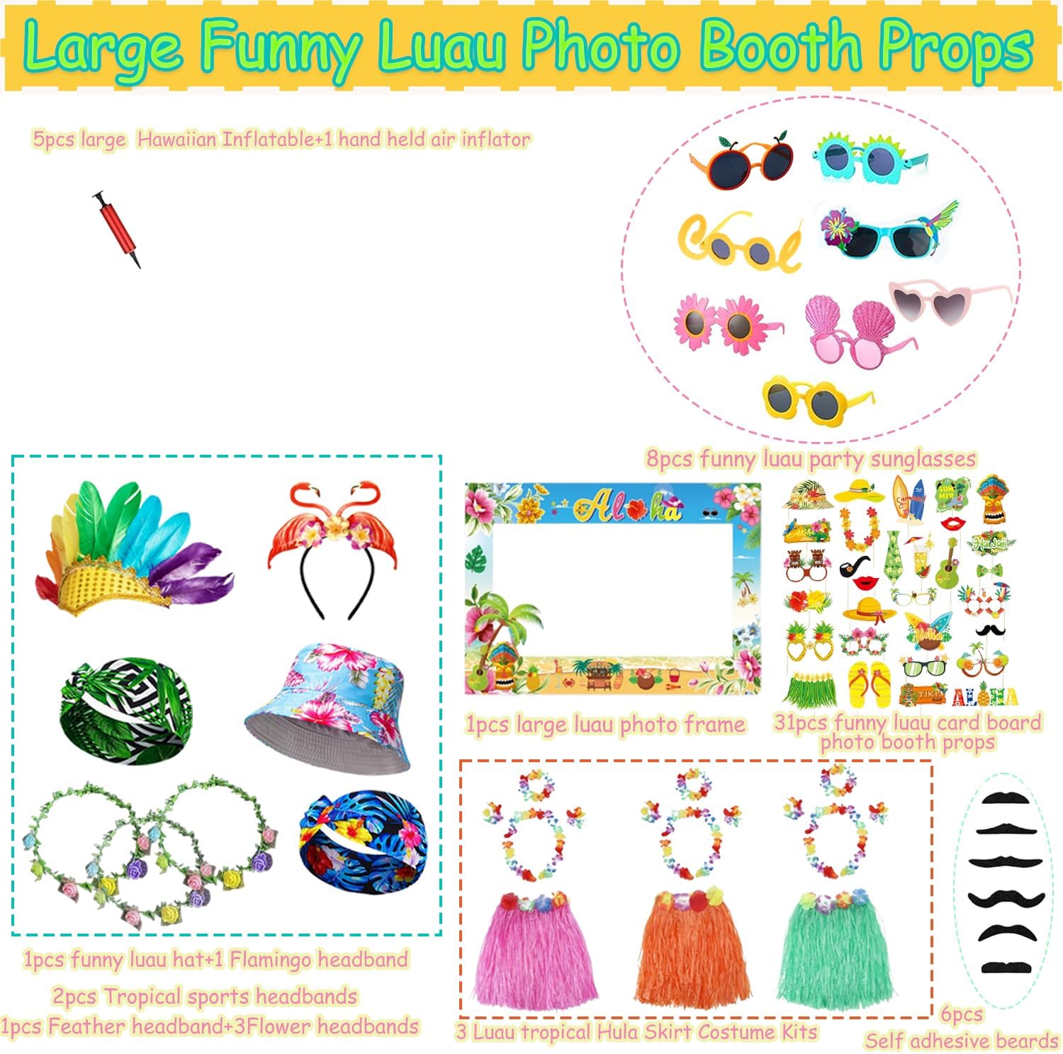 Large Summer Luau Photo Booth Props Set, Funny Hawaiian Sunglasses, Tropical Fancy Dress Props, Inflatable, Hawaiian Photo Booth Props for Summer Pool Beach Tiki Hawaii Themed Party Supplies