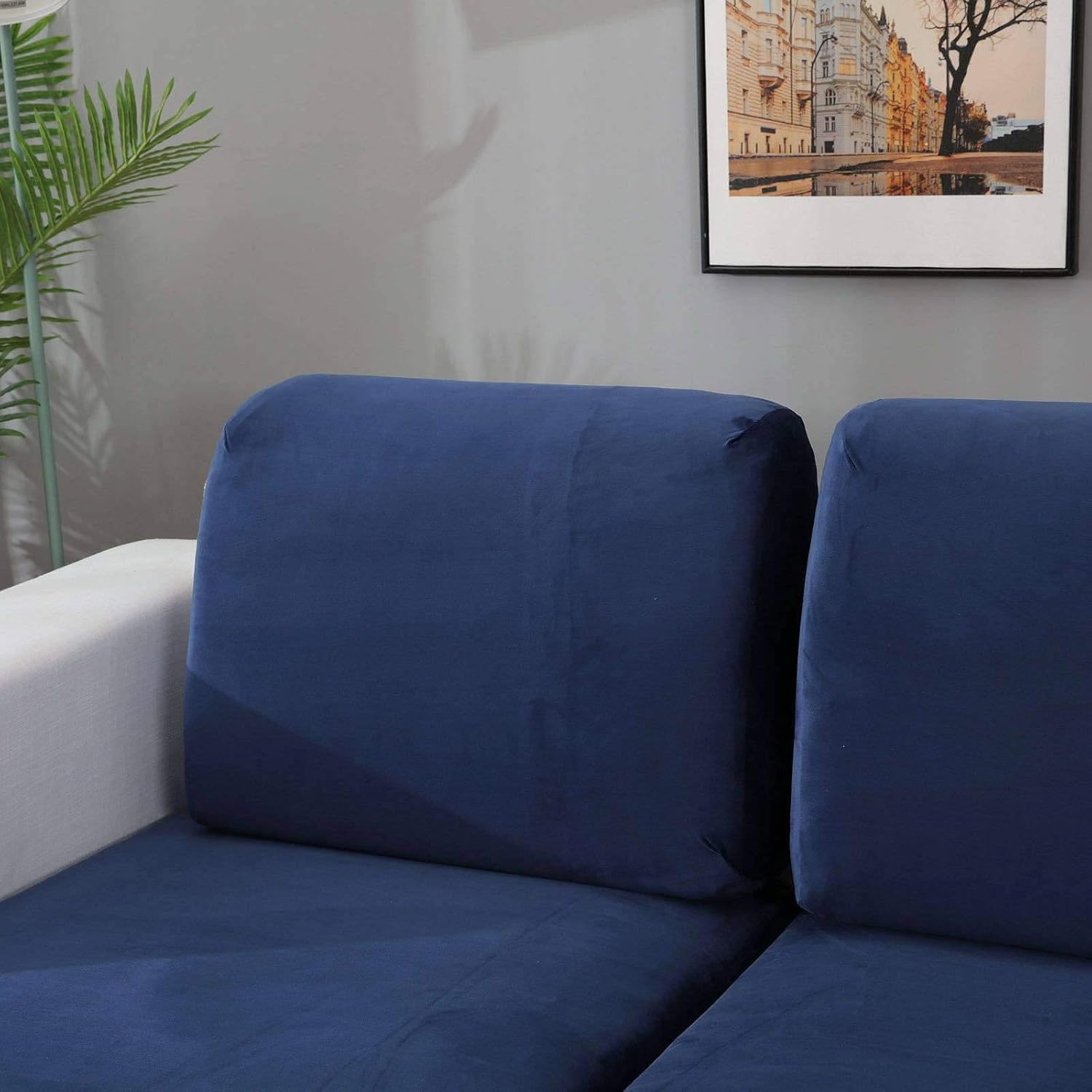 Super Stretch Seat Cushion Cover,Velvet Couch Seat Cover for L Shape Chaise Lounge Soft Furniture Protector with Elastic Bottom for Chair Settee Loveseat Sofa-Chaise-Navy Blue