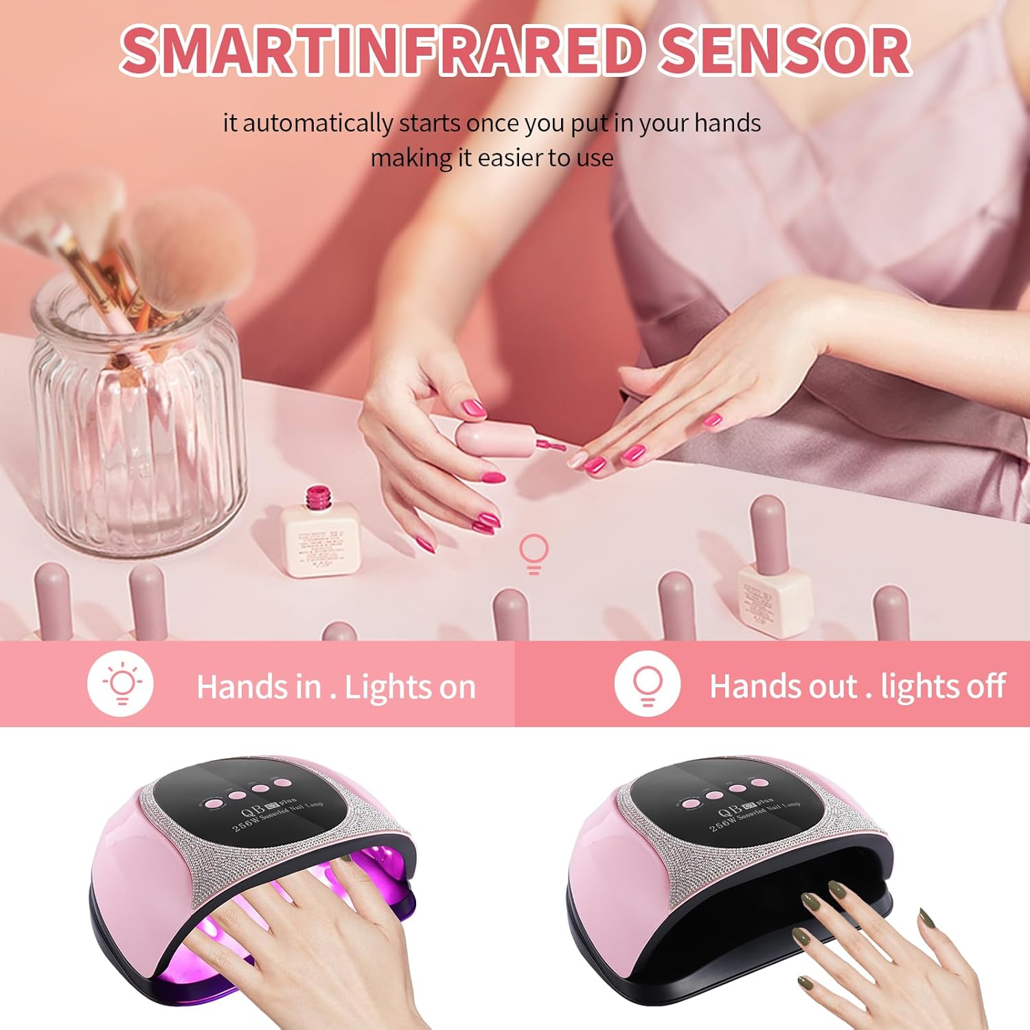 256W UV LED Nail Lamp, Riuotazi Nail Dryer for Gel Polish,57Pcs Beads Curing Gel Nail Lamp, 4 Timer Settings and Professional Manicure Nail Lamp with Automatic Sensor (Pink)