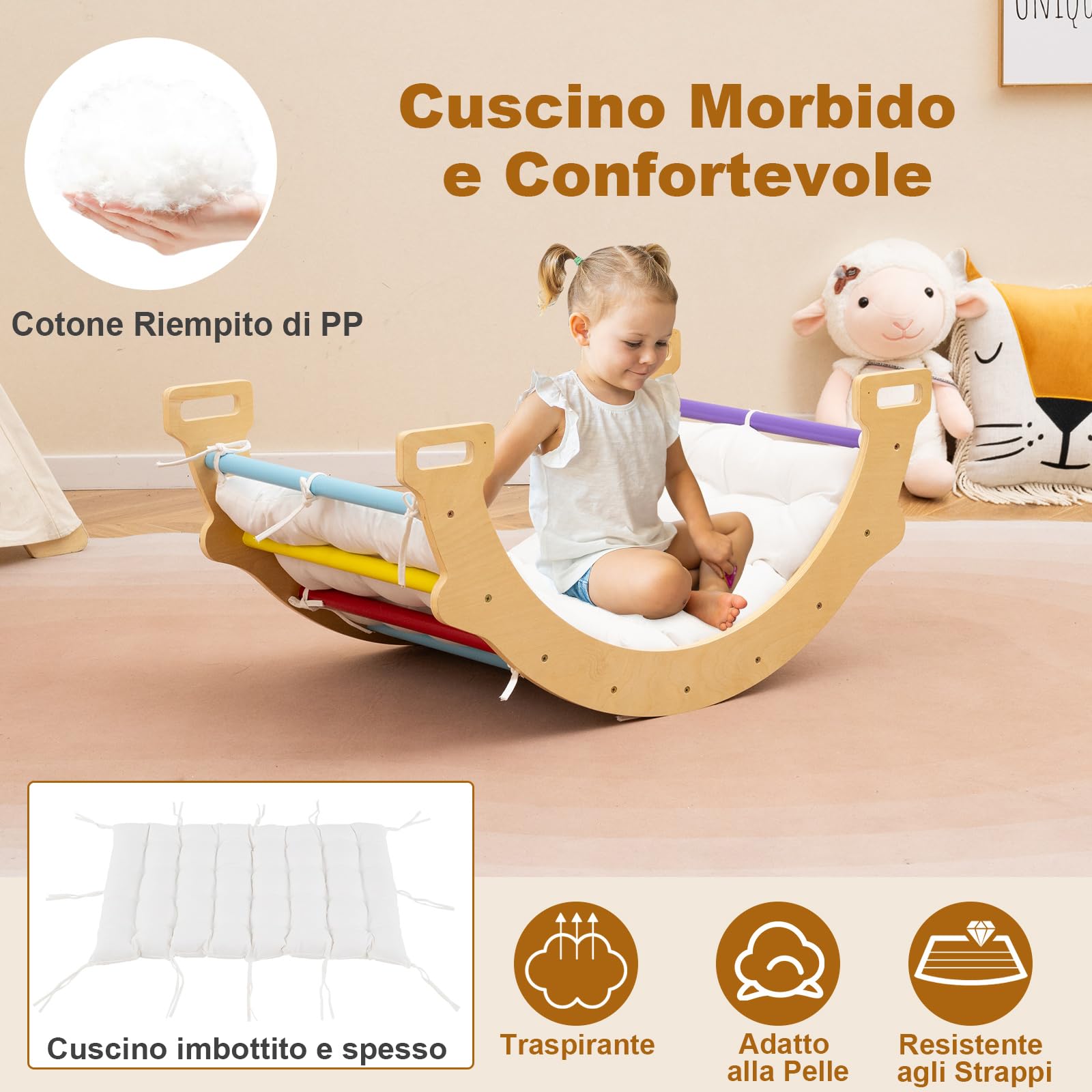GYMAX Arco da Arrampicata per Bambini, Arco a Dondolo in Legno con Cuscino Accogliente, Struttura per Arrampicata e Dondolo in Legno per Bambini 1+ Anni (Colorato, 81,5 x 50 x 38 cm)