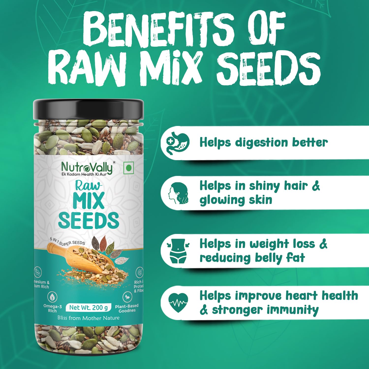 NutroVally Mix Seeds (200g) 5-in-1 Seeds Combo of Flax, Chia, Pumpkin, Watermelon & Sunflower Seeds | Superfood for Weight Management | Plant-Based Healthy Diet Snacks - Jar (200g) 1