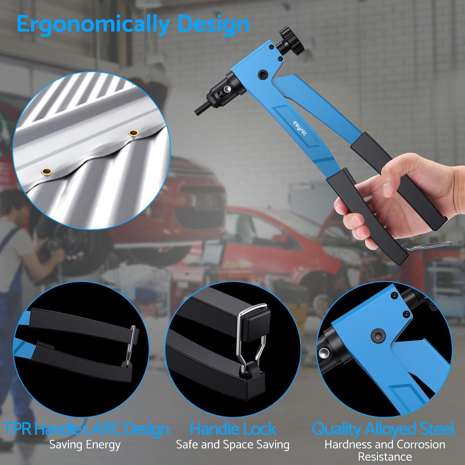 eSynic 10'' Pince Écrou à Riveter avec 100 Écrous à Rivets M3 M4 M5 M6 Pistolet à Riveter Manuel Pince a Insert Fileté avec Étui de Transport Robust-Bleu