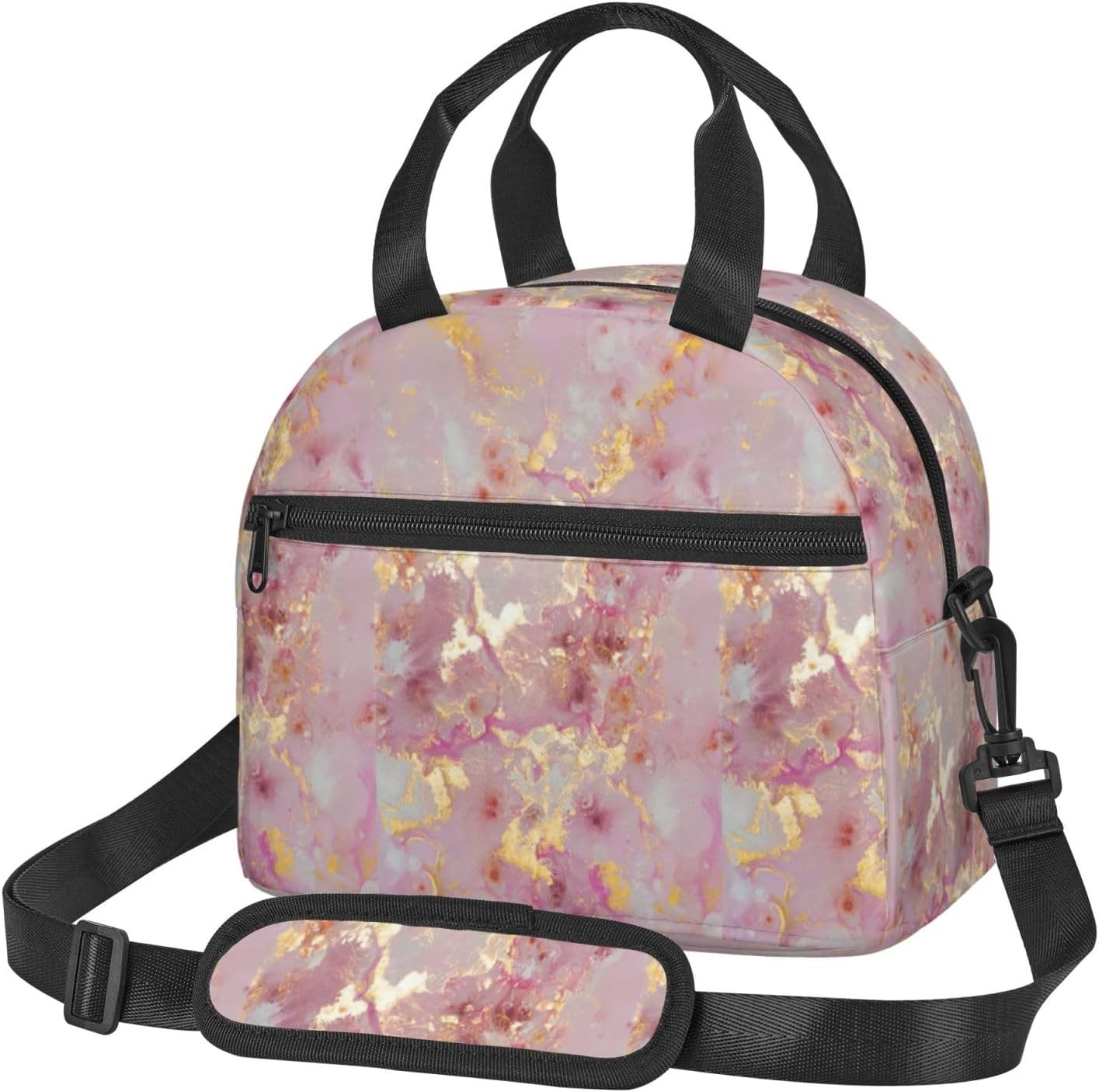 Red Marble Texture Print Reusable Lunch Bag Insulated Lunch Boxes for Office Work Picnic Tote Bag Adjustable