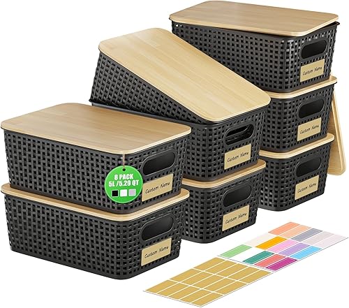 8 contenedores de almacenamiento de plástico con tapa de bambú, cestas de almacenamiento apilables con tapas y etiquetas para organizar,