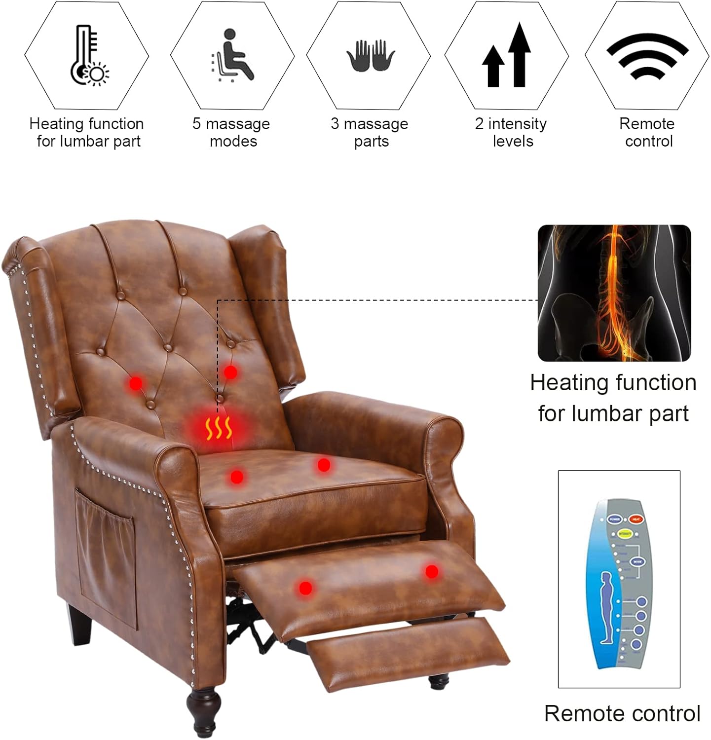 Set of 2 Recliner Wingback Chair-Tufted Armchair Massage Recliner Chair with Heat-Fabric Push Back Recliner with Remote Control,Heating Function,Adjustable Backrest(Pu Brown)