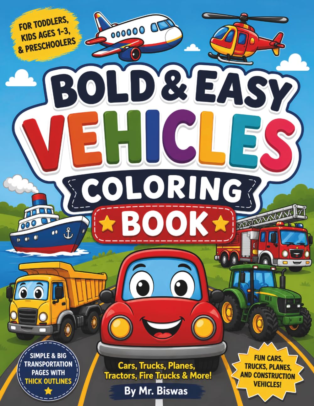 Bold & Easy Vehicles Coloring Book: Fun Cars, Trucks, Planes, Tractors, Fire Trucks & More! Big Simple Coloring Pages for Toddlers, Kids Ages 1–3 & Preschoolers