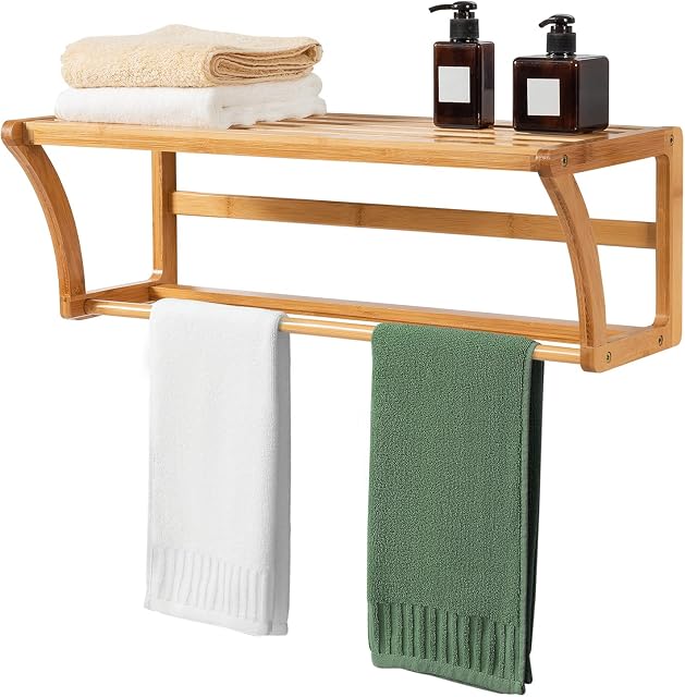 CASART Bamboo Wall Shelf, 2-Tier Bathroom Towel Rack with Hanging Bar, Wall-Mounted Storage Shelf Rack for Bathroom Kitchen Sauna Entryway