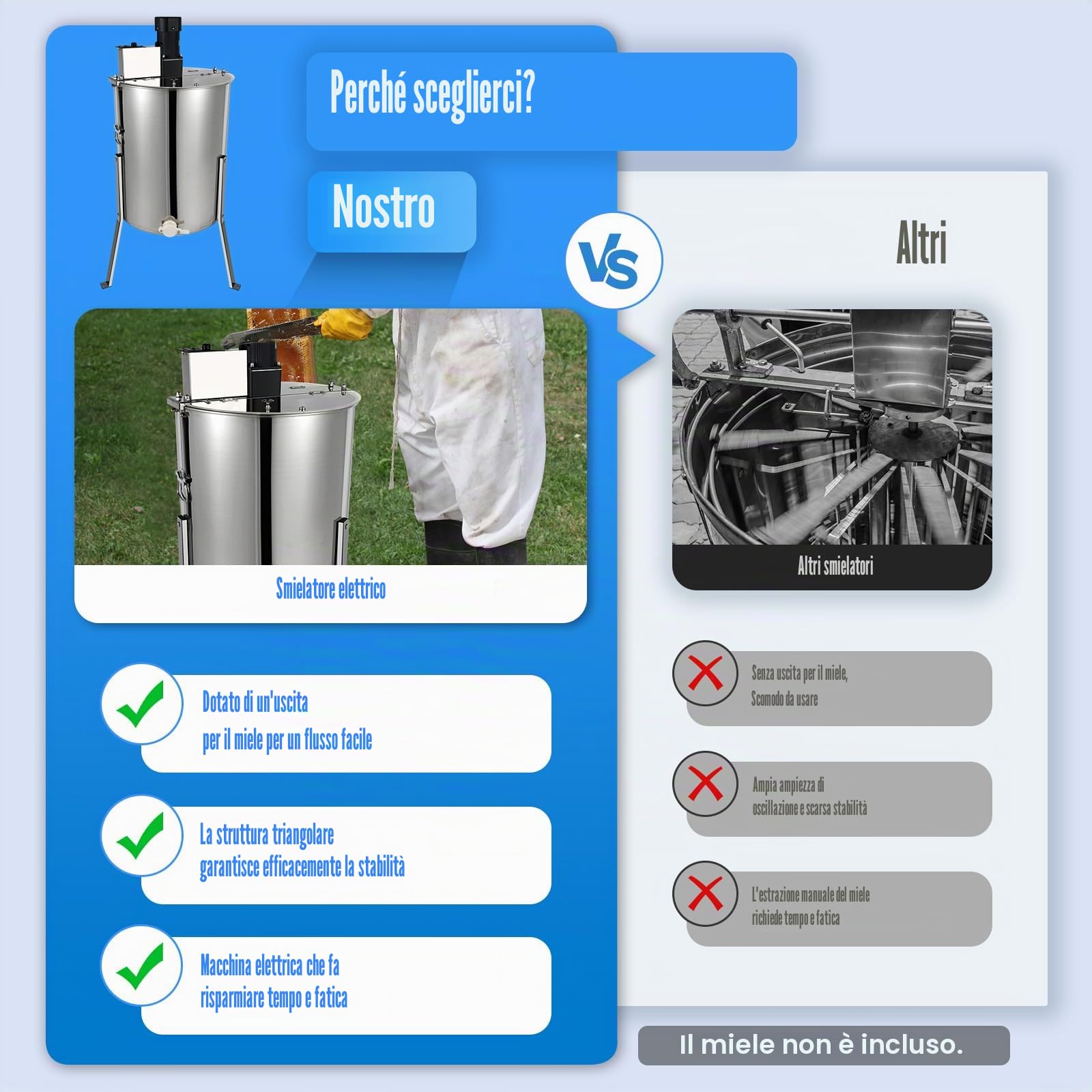 Fionda elettrica per miele a 4 cornici, estrattore professionale in acciaio inox con regolazione della velocità, uscita miele e coperchio, accessori per api per apicoltura e apicoltori amatoriali