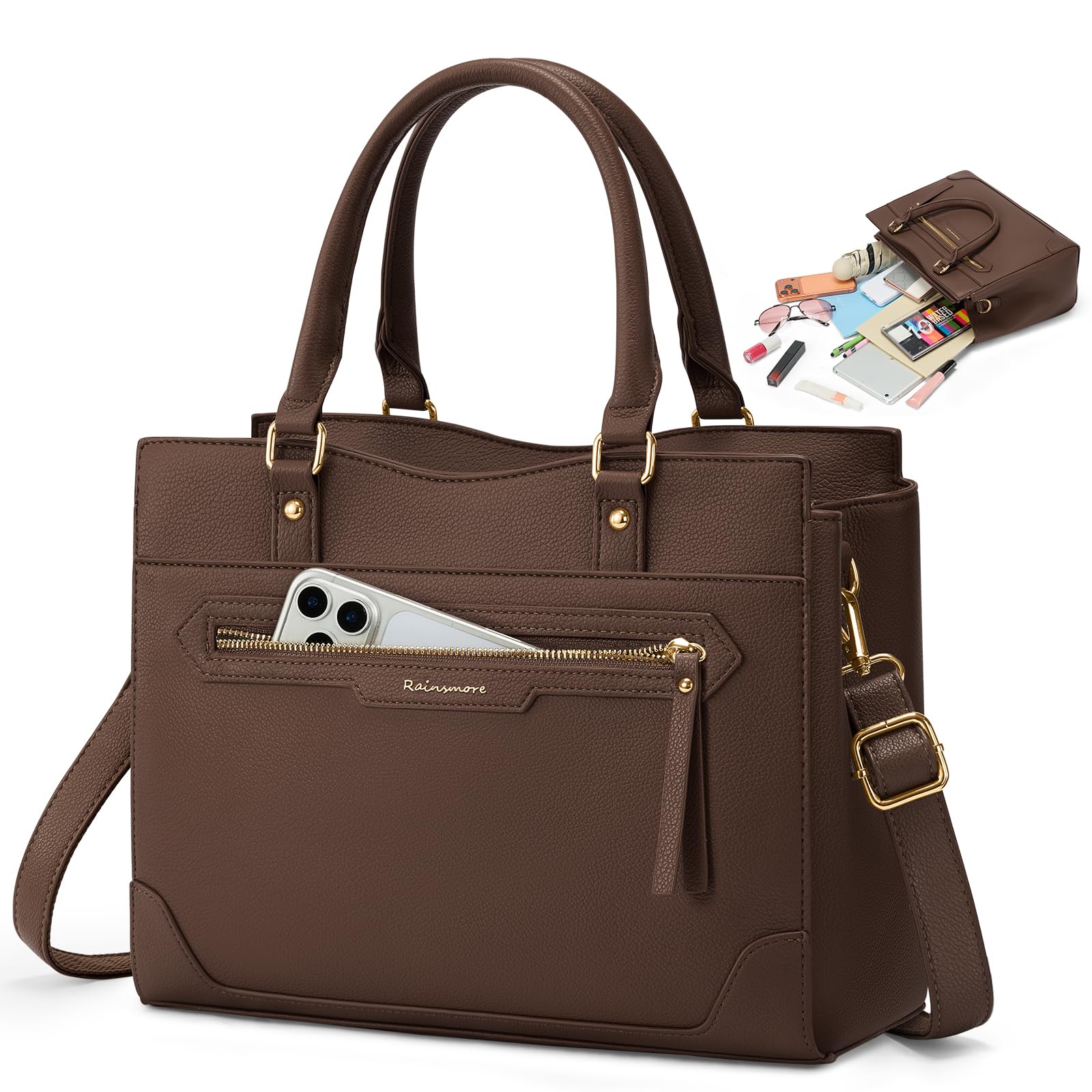 RAINSMORE Handtasche Damen Mittelgroß PU Leder Damen-Henkeltaschen Tasche Damen Wasserdicht Damenhandtasche Elegante Henkeltasche Schultertasche Umhängetasche für 11 Zoll Tablet
