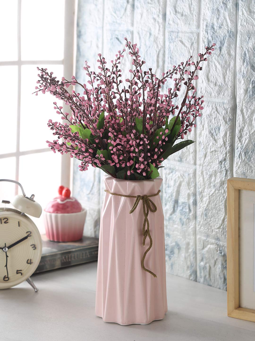 Fourwalls Artificial Polyester Mini Pearl Flower Bunche (32 cm Tall, Set of 3, Pink)