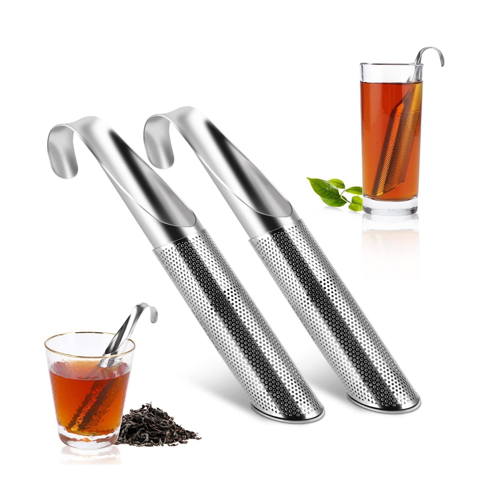 Tea Infusers for Loose Tea, 2 Pcs 304 Stainless Steel Tea Strainer Extra Fine Mesh Loose Leaf Tea Steeper Long-Handle Tea Filter Stick Pipe Tea Diffuser for Loose Tea, Rose, Spices