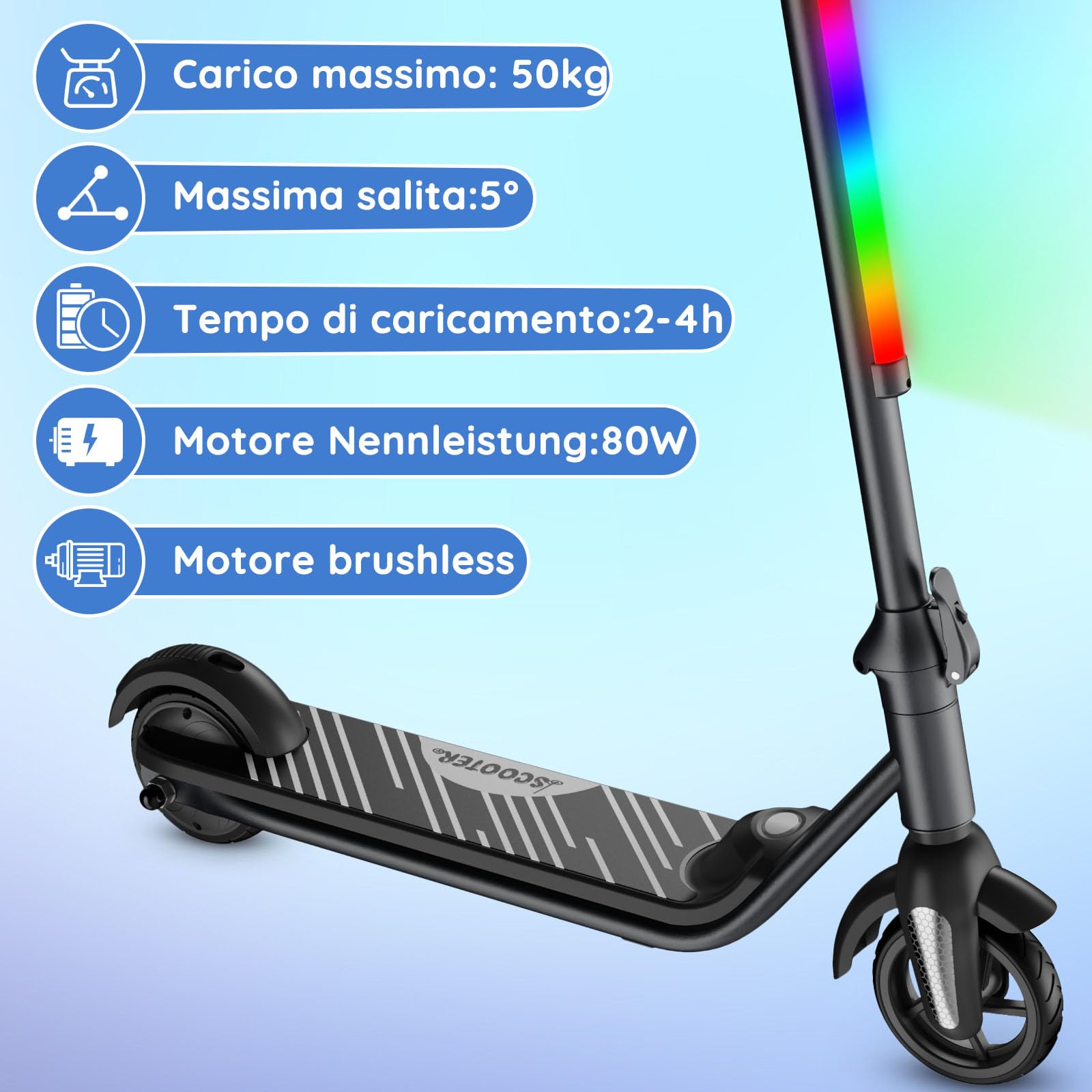 Monopattino elettrico per bambini 6-12 anni, motore 80W, velocità 6/12 km/h, autonomia 8 km, capacità 50 kg, display LED & luci arcobaleno, monopattino pieghevole per bambini