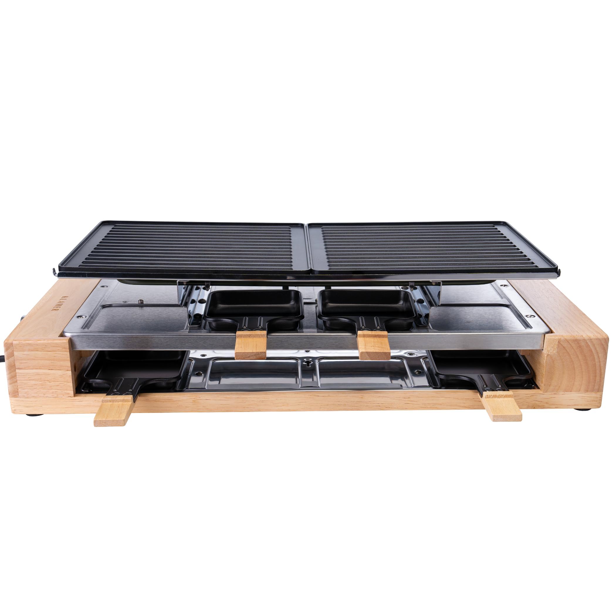 KLAMER Raclette Grill 8 Personen 1500 W mit Holzgestell & Parkdeck, Alu-Druckguss-Grillplatte antihaft, stufenlos regelbar, ILAG Beschichtung, Test „Sehr gut (1,4)“, deutsche Marke Berlin