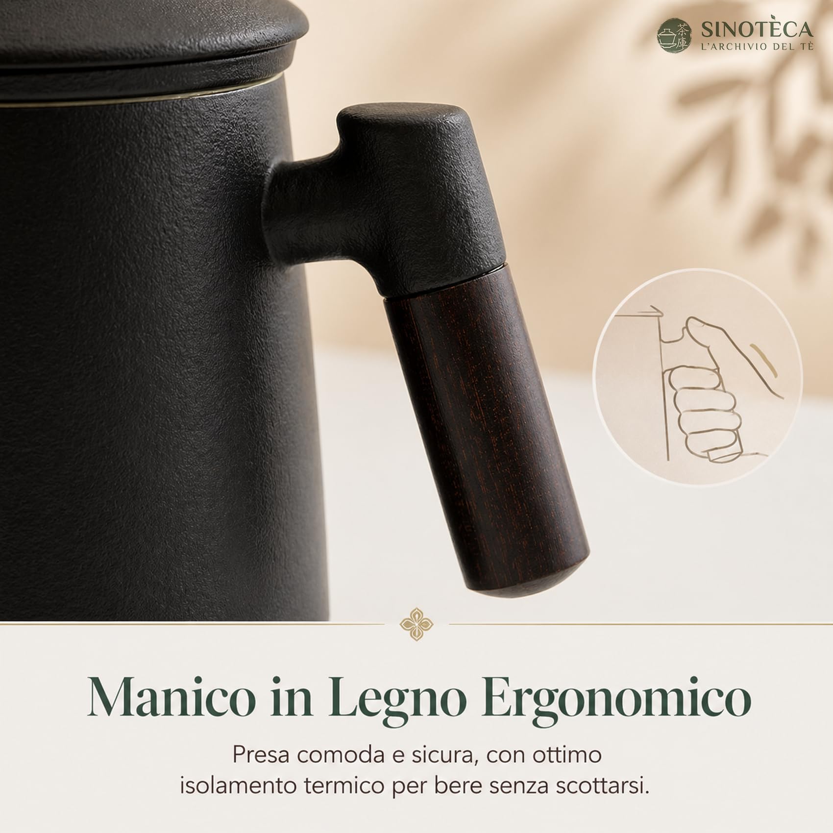 SINOTE'CA Tazza da Tè con Infusore e Coperchio 400ml, Set Regalo in Ceramica con Manico in Legno e Sottobicchiere, Tazza Tisana con Infusore Fine per Tè Sfuso, Confezione Regalo Elegante(Nero)