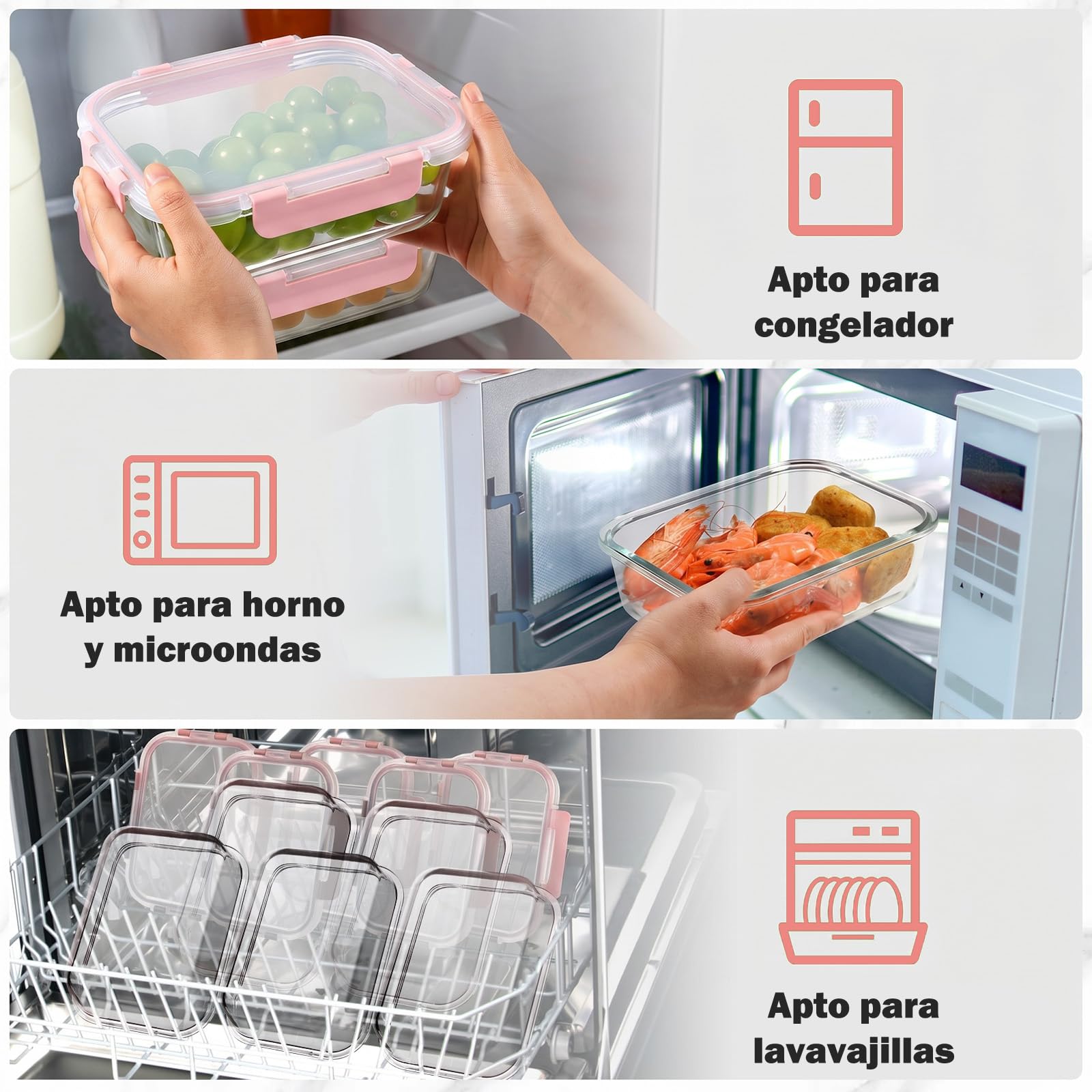 YASHE 10 Piezas Recipientes de Vidrio con Tapas Herméticas, Reutilizables, Apto para Microondas, Horno, Congelador y Lavavajillas, Sin BPA, Fiambrera Cristal, Rosa