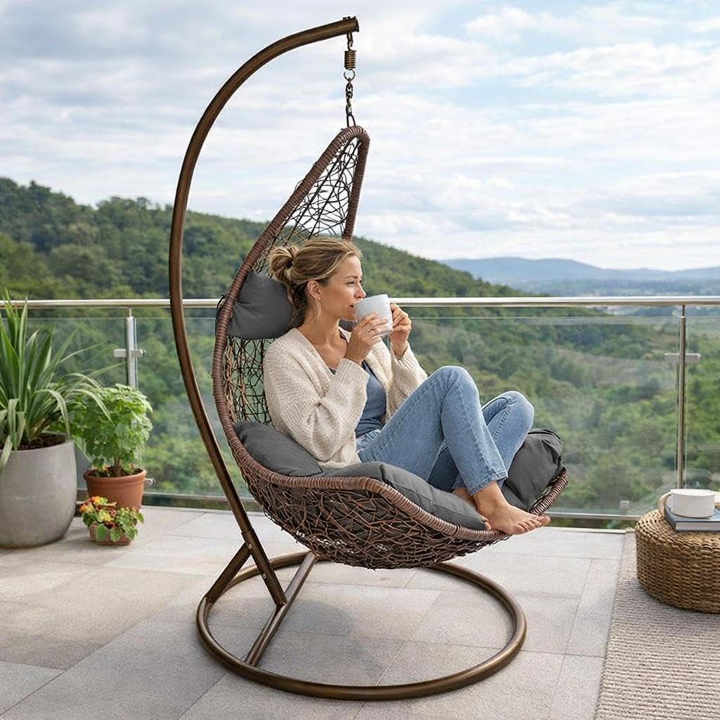 ESTEXO Hängesessel für eine Person mit Gestell, Einsitzer, Polyrattan, Hängekorb, Hänge Schaukel, wetterfest - Braun