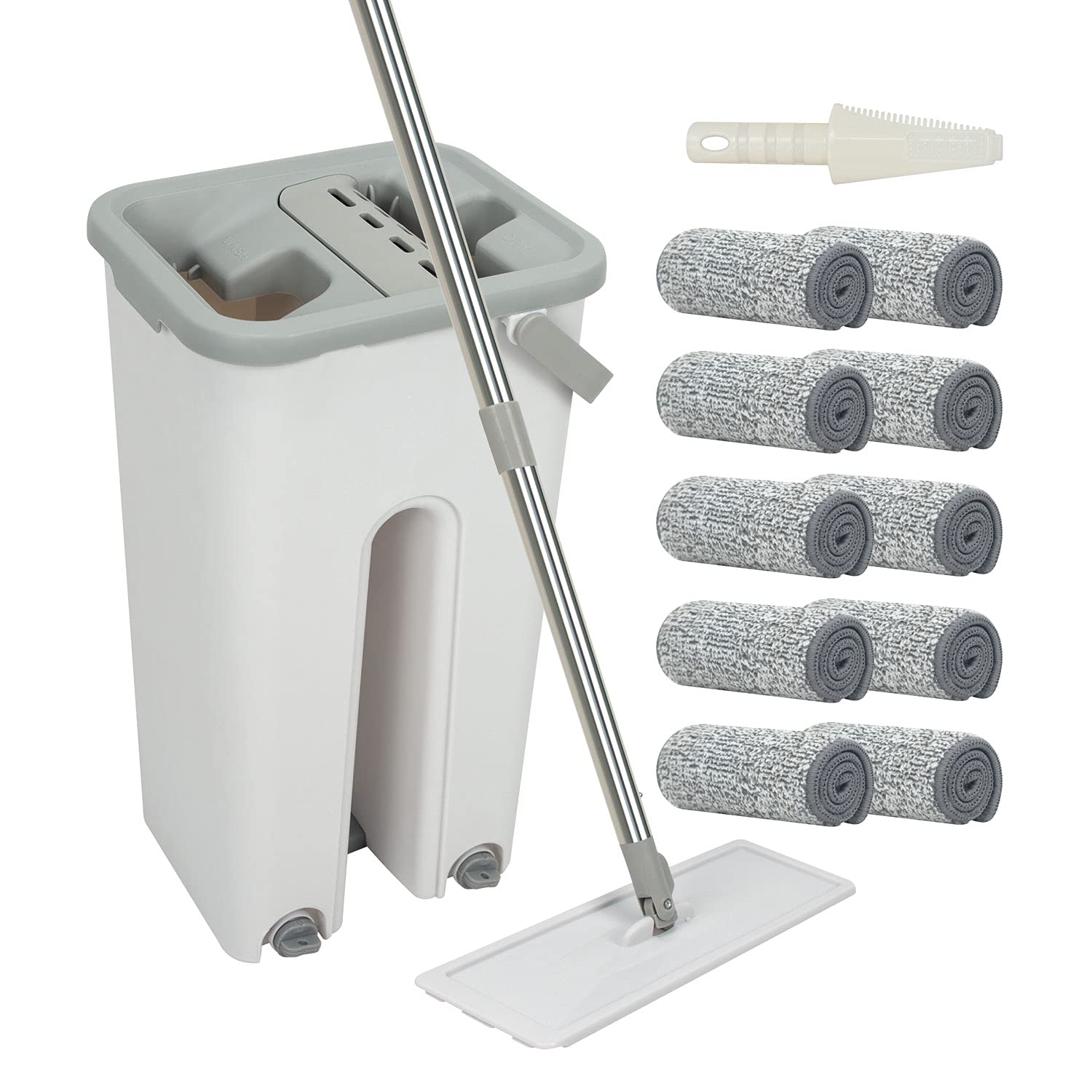 VAIIGO Flat Floor Mop and Bucket Set with 10 Reusable Microfiber Mop Pads and Extended Handle, Squeeze Hand Free Hardwood Floor Clean Mop Bucket Wet and Dry Use for Office/Home/Kitchen Floors Cleaning