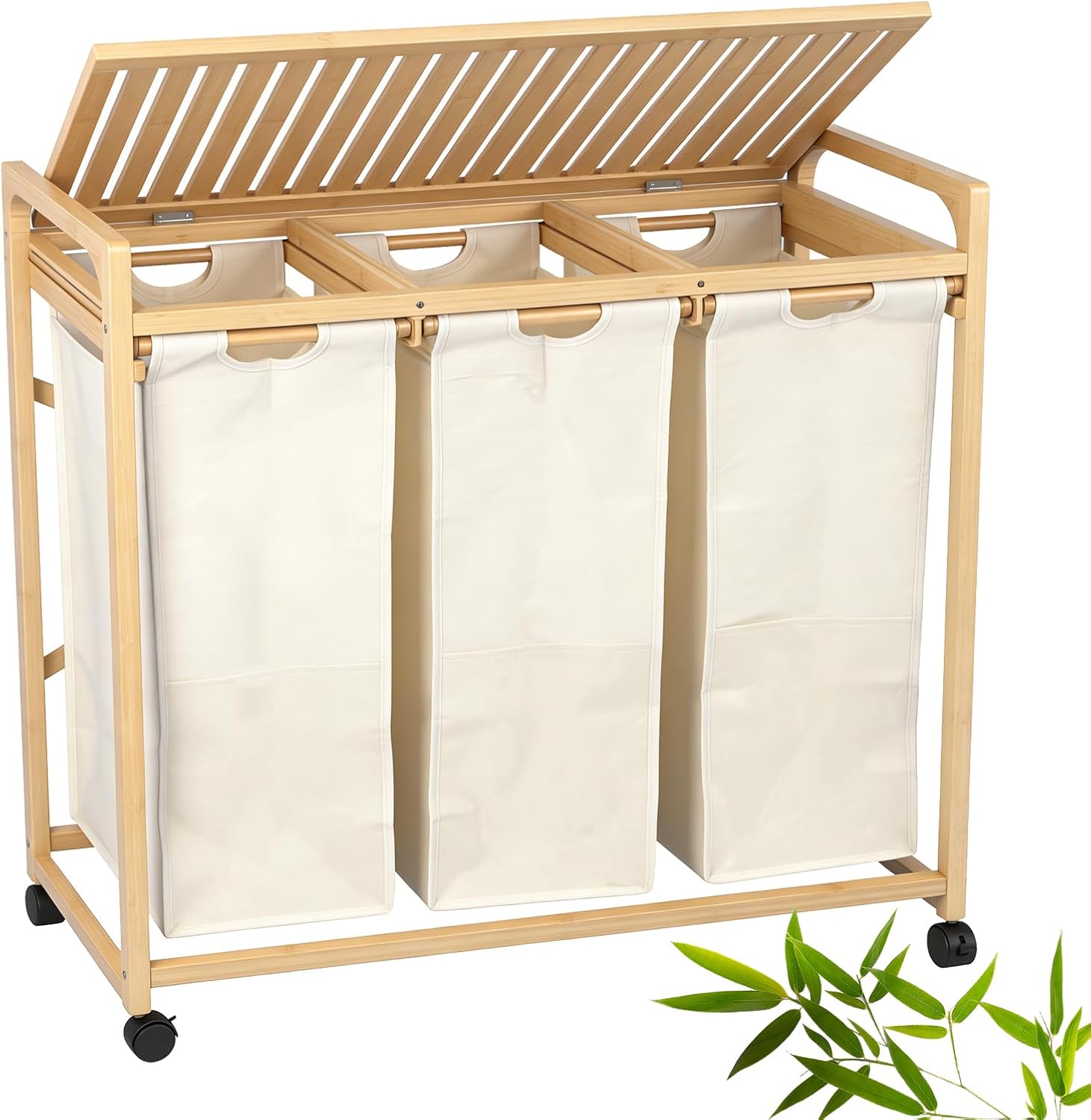 Bamboo Laundry Hamper 3 Section with Lid, 150L Laundry Sorter with Lockable Wheels, Pull-Out Removable Washable Bags, 3 × 12.5 Gal Divided Laundry Baskets for Laundry Room, Bathroom (Beige)