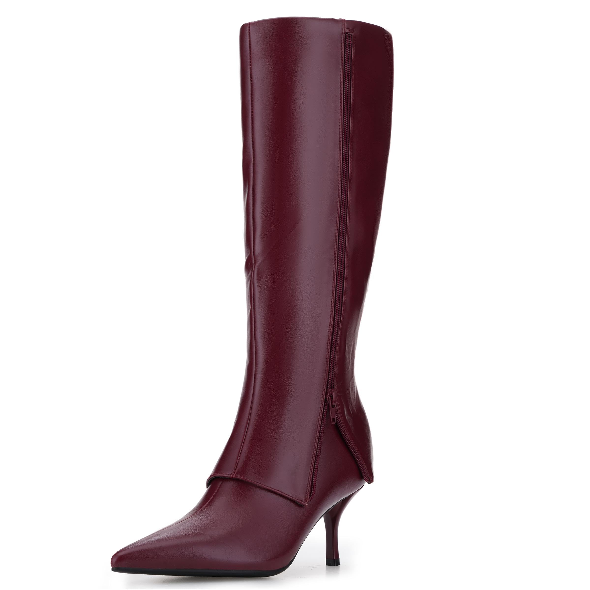 VARECOLA Stylish Womens Knee-High Boots PU Leather Pointed Toe Slim Heel All-Season Ideal for Office Parties Halloween