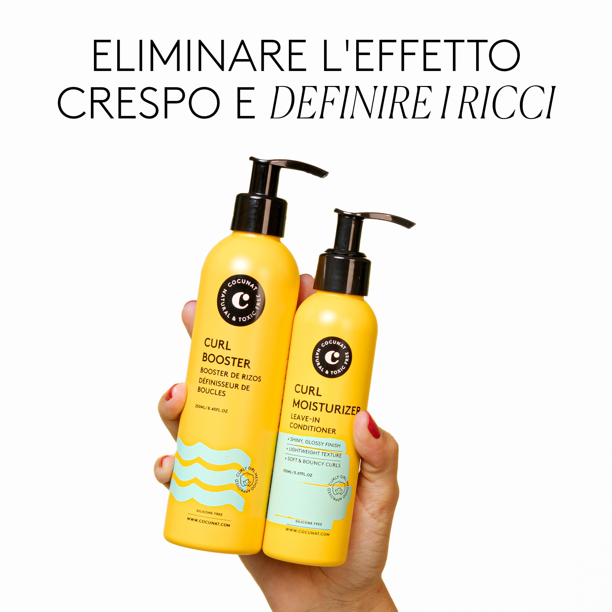 COCUNAT - Pack 2 Metodo Curly Ricci Perfetti in 2 Passaggi - Moisturizer Leave-in + Curl Booster - Idrata, Nutre, Fortifica, Elimina il Crespo e Districa - 250 ml + 150 ml