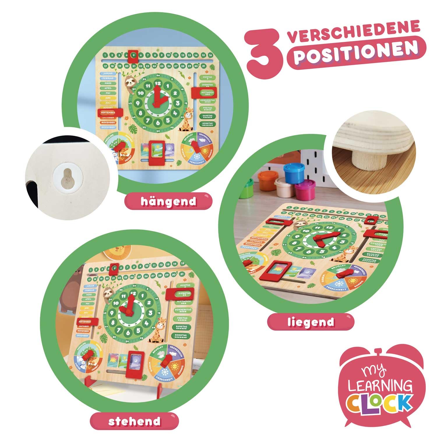 Craze My Learning Clock Animals - Orologio educativo per Bambini in Legno, Calendario per l'apprendimento dei Bambini, da Parete, Colore: Verde