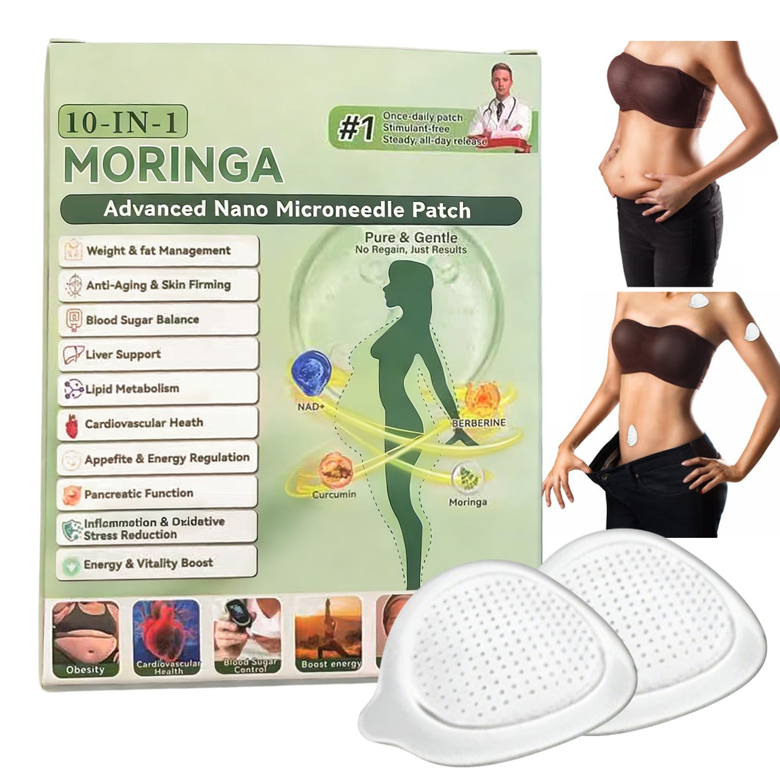 Moringa NAD+ 10 w 1 nano-igłowe plastry z mikroigłami, 7 sztuk plastrów Moringa, Metabalance Patch, nano-igłowe, plastry odchudzające, do wszystkich typów ciała