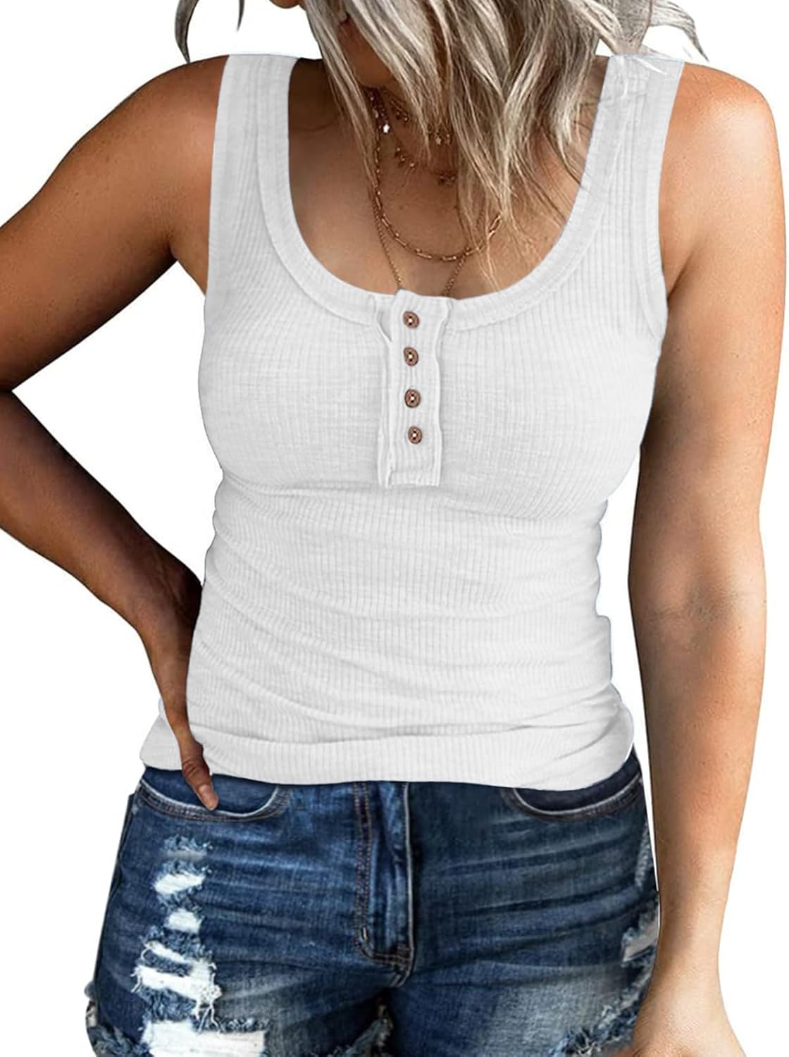 ATHMILE Women Tank Tops Summer Casual Ribbed Sleeveless Basic Cami Top Slim Henley Button Down Blouses Beach