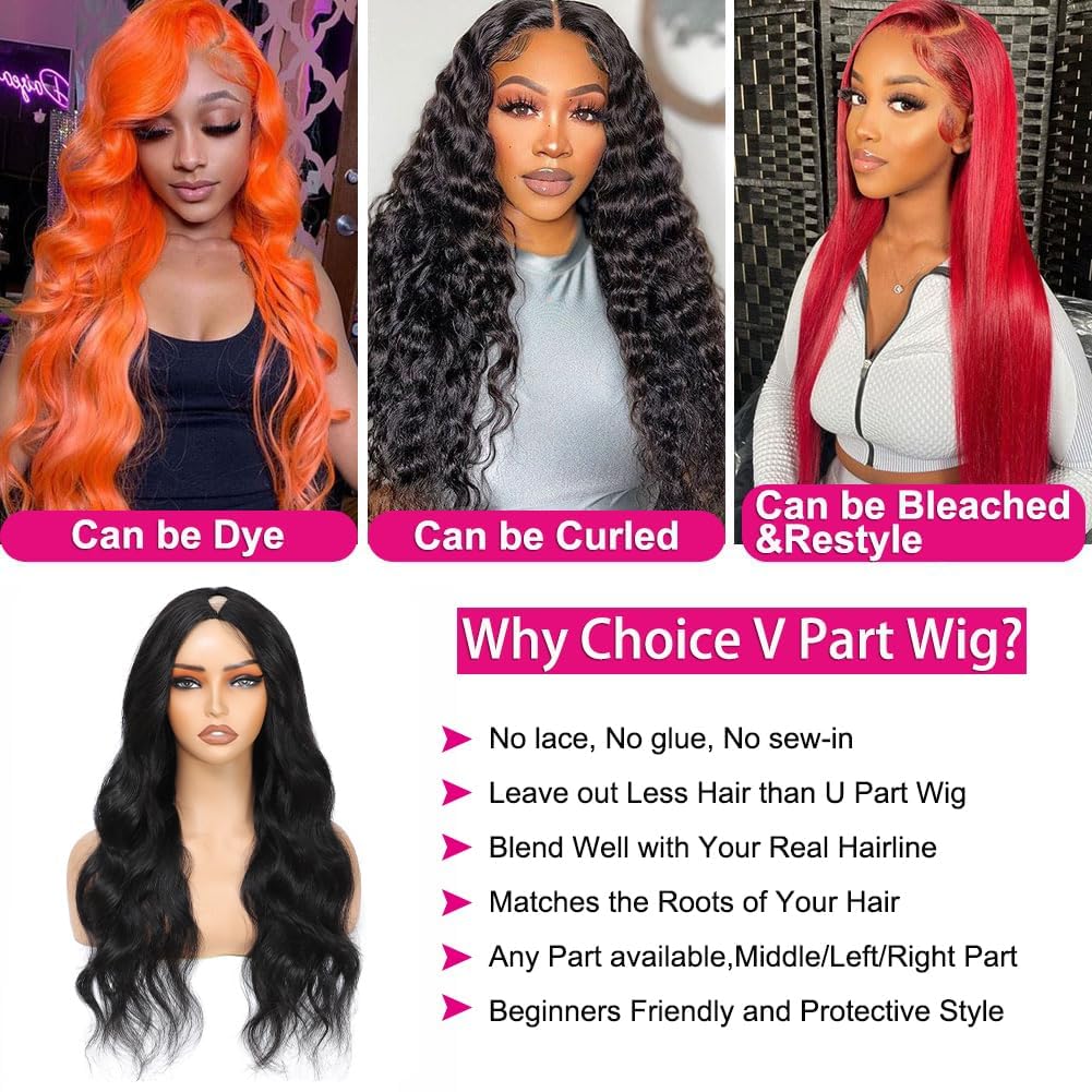 V Part Wig Human Hair Body Wave Upgrade U Part Human Hair Wig With Clips Glueless Wigs Human Hair Beginner Friendly 18 Inch V Shape Clip In Half Wigs for Women No Leave Out 180% Density