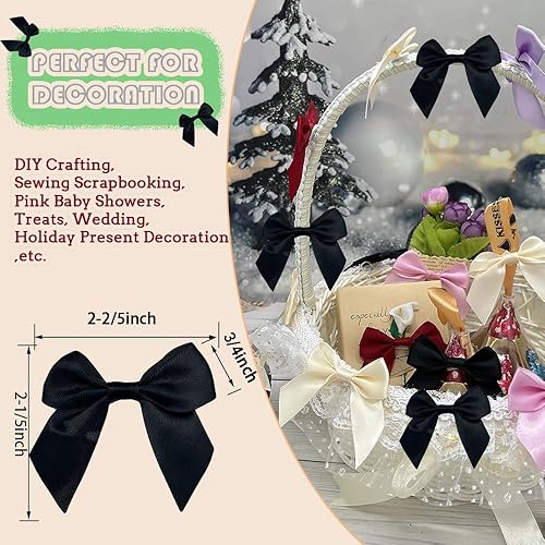 Miniatura 2 de CuteHook - Mini lazos de regalo de cinta de satén para manualidades, pequeño lazo adhesivo negro preatado para manualidades, costura, álbumes de