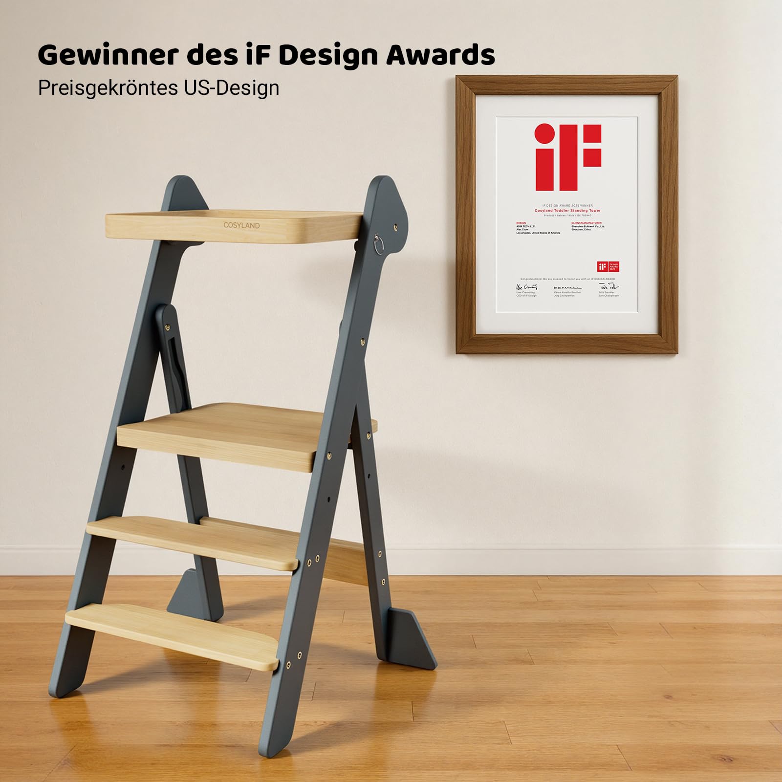 COSYLAND Lernturm ab 1 Jahr klappbar – iF Design Award Gewinner, höhenverstellbarer Lernturm mit Sicherheitsnetz, Montessori Learning Tower/Lernstuhl für Kinder, Holz (Schieferblau & Natur)