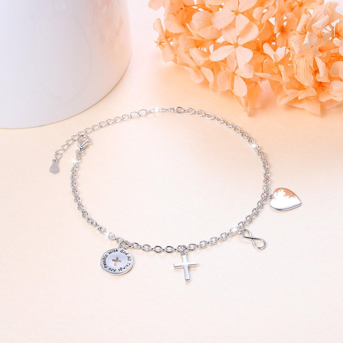 S925 Sterling Silver Jewelry Cross Adjustable Bracelet Link 7 to 9 inches