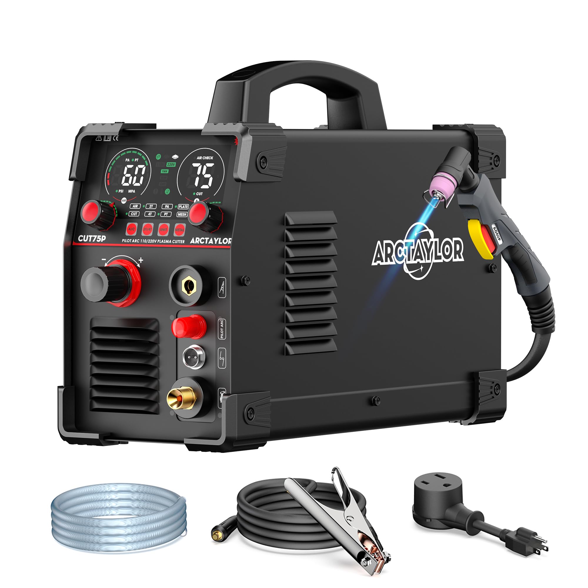 Cortador de plasma CUT75P, inversor IGBT de doble voltaje de 110/220 V, arco piloto no táctil, tecnología de sensor de aire, máquina de corte por plasma de metal con pantalla digital grande