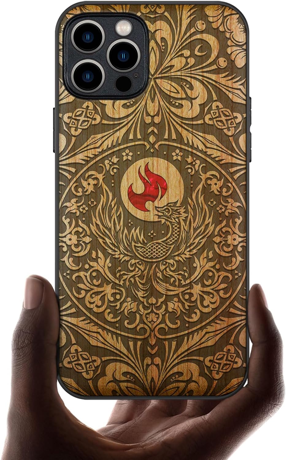 Carveit Designer Wooden Protective Case for iPhone 12 Pro Max Magnetic Cover [Wood Engraving & Shell Inlay] Compatible with 12 Pro Max MagSafe (Phoenix in Symmetry-Cherry)