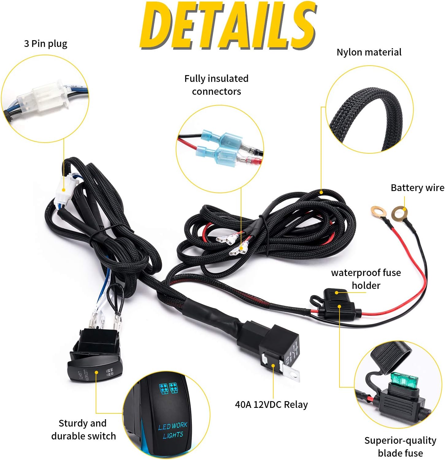 Automotive Wiring Harness 2 Leads Wire 12V 40A Rocker Switch Fuse Power