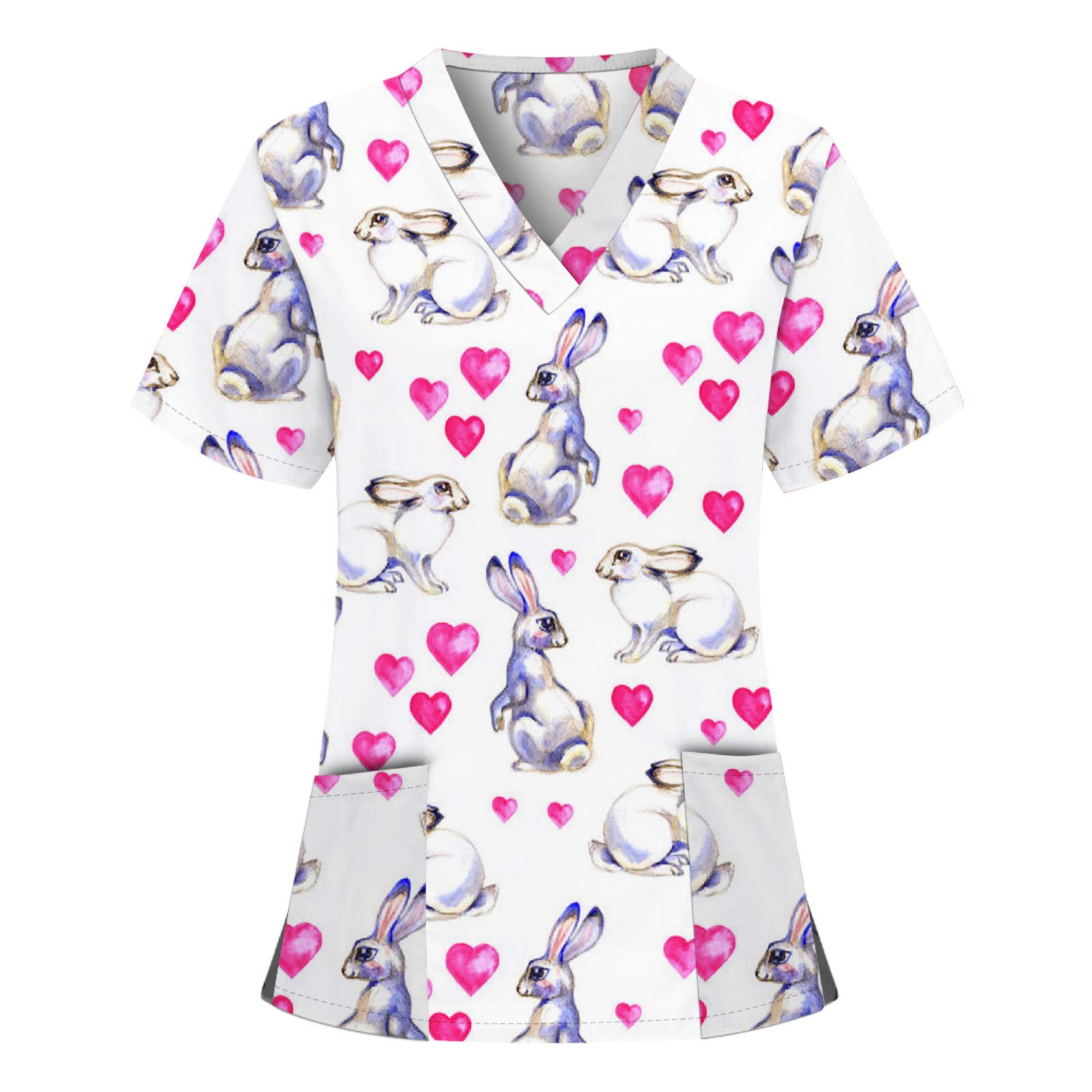 GoGreen Sprouter Womens Easter Scrub_Top Short Sleeve V-Neck T-Shirt Uniform White B XX-Large