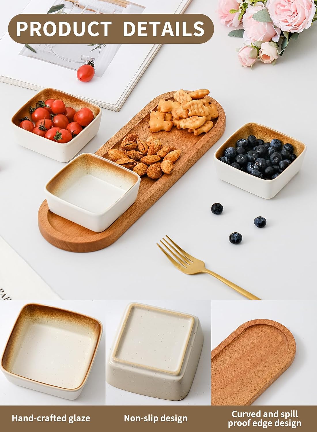 Ceramic Dipping Sauce Bowls with Wooden Tray, 3.5 inch Side Dishes Set of 3 for Entertaining, Party, Buffets, Appetizers, Snacks and Sushi, Khaki
