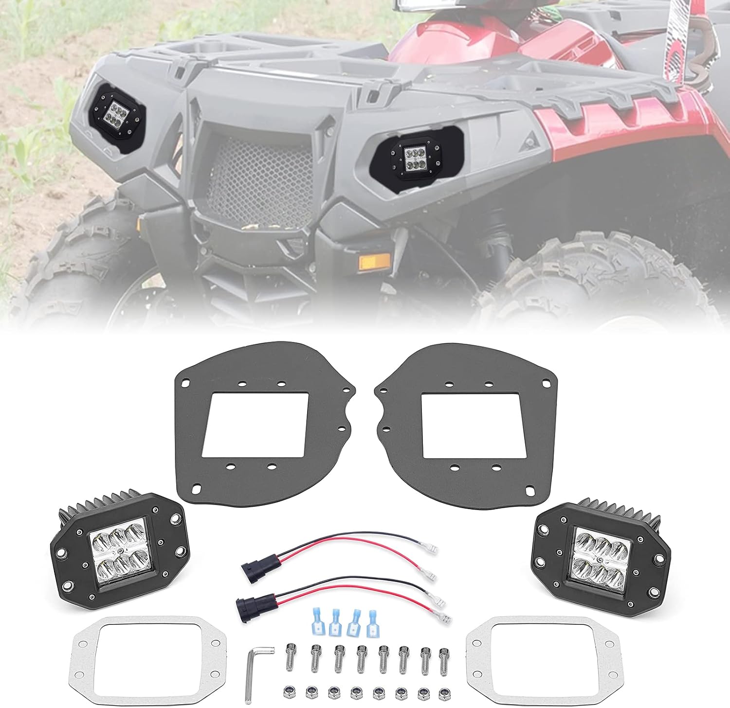 WeiSen 2x 24W LED Driving Headlights Off-Road ＆ Front Head Light Pod Replacement Mount Brackets w/Plug Adapter Wiring Kit Compatible with Polaris Sportsman 1000 850 RZR 800 900XP