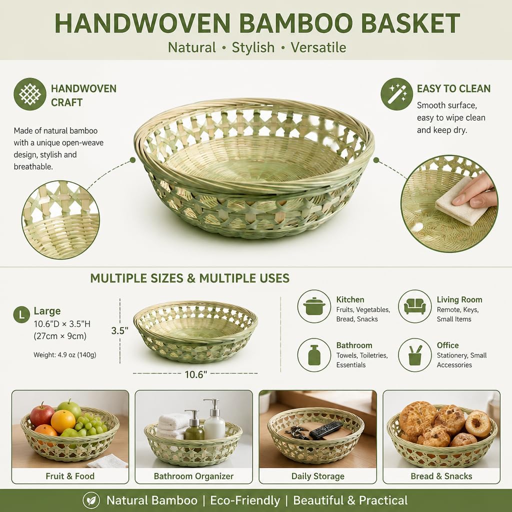 Handwoven Natural Bamboo Basket, Round Fruit Bowl for Kitchen Home Storage
