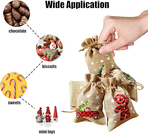 Miniatura 10 de CCINEE 36 bolsas de lino de Navidad con cordones de arpillera de Navidad con doble cordón de yute, 4 diseños de muñeco de nieve, Papá Noel, pingüino