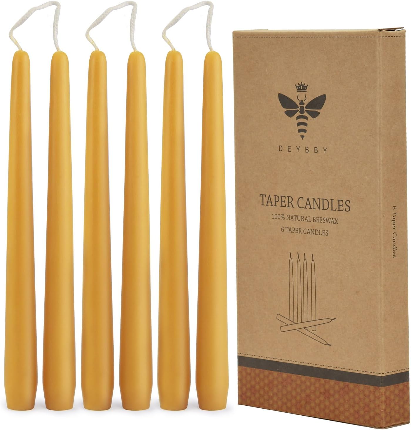 10" Natural Beeswax Taper Candles - 6 Pack Beeswax Candles Set, Yellow