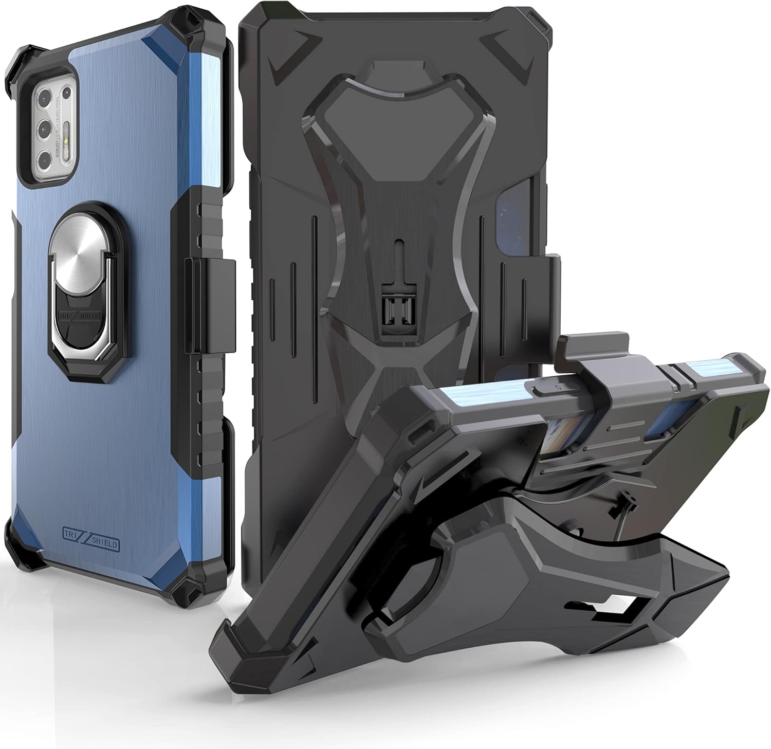 BEYOND CELL Compatible with Moto G Stylus 2021 Case (4G), Tri-Shield 2.0 Military Grade Magnetic Ring Kickstand with Multifunctional Belt Clip Holster for Car Mount & Bike Mount.