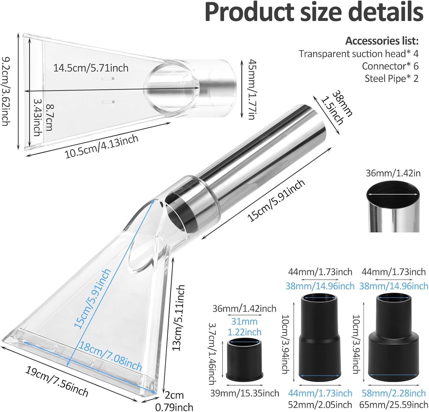 2 Set Vacuum Extractor Attachment with 2-1/2" and 1-7/8" and 1-1/4" Adapters Universal Vacuum Extraction Nozzle Kit Car Detailing Vac Head Tool for Carpet Cleaning