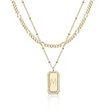 Gold Initial Necklace for Women 14K Gold Plated Figaro Chain Choker Layered Necklaces Set Bar Rectangle Pendant Necklaces Simple Dainty Letter Necklace Everyday Gold Jewelry