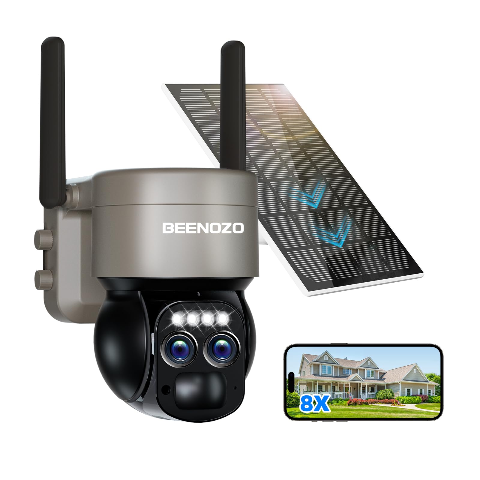[8X Zoom híbrido] 4K cámara vigilancia WiFi Exterior inalámbrico Solar, 360°PTZ cámara IP batería, con Panel Solar, detección Humana AI, visión Nocturna Color, Sirena, Audio bidireccional