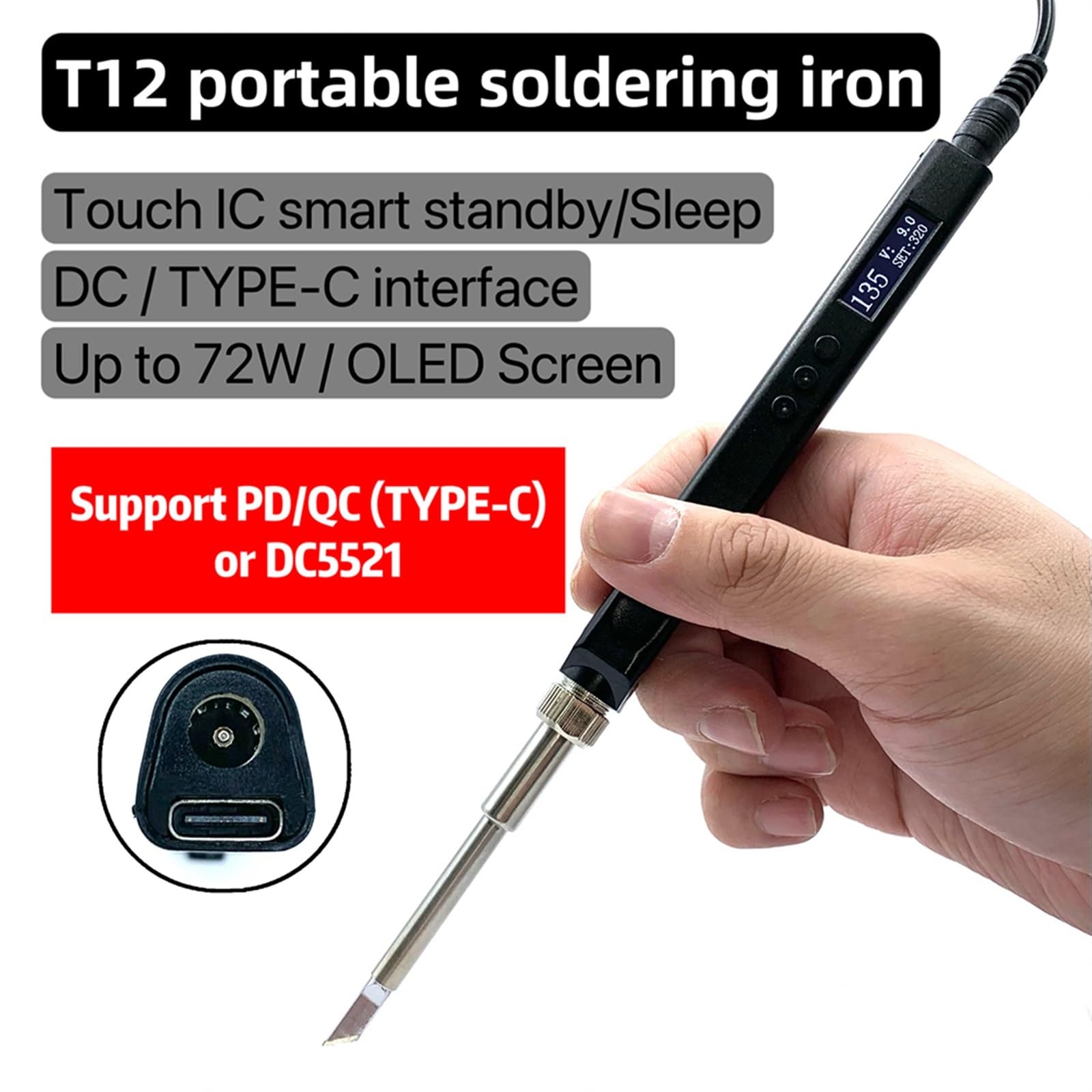 Zestaw lutownicy, Zestaw stacji lutowniczej szybkiego nagrzewania, narzędzie spawalnicze PD 65W/DC 72W, wyświetlacz OLED regulacja temperatury typu C do metalu, elektryki, majsterkowania (Color : Sty