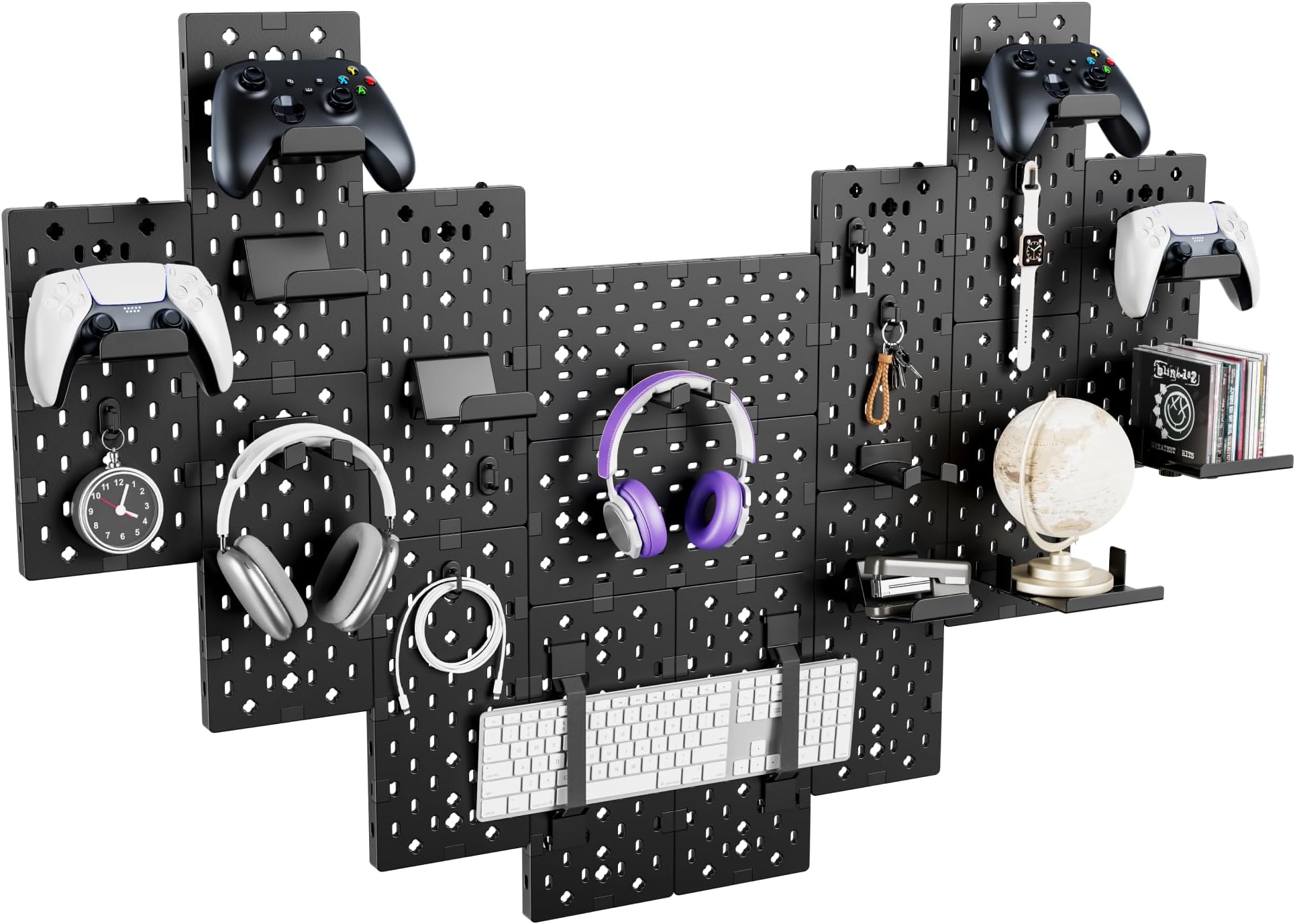 PEGZONE Controller and Headphone Holder Wall Mount, Modular Gaming Pegboard with Accessories, Controller Stand for Xbox PS5 PS4 Switch, Video Game Storage, Disc Shelf Organizer, 14pcs Pegboard, Black
