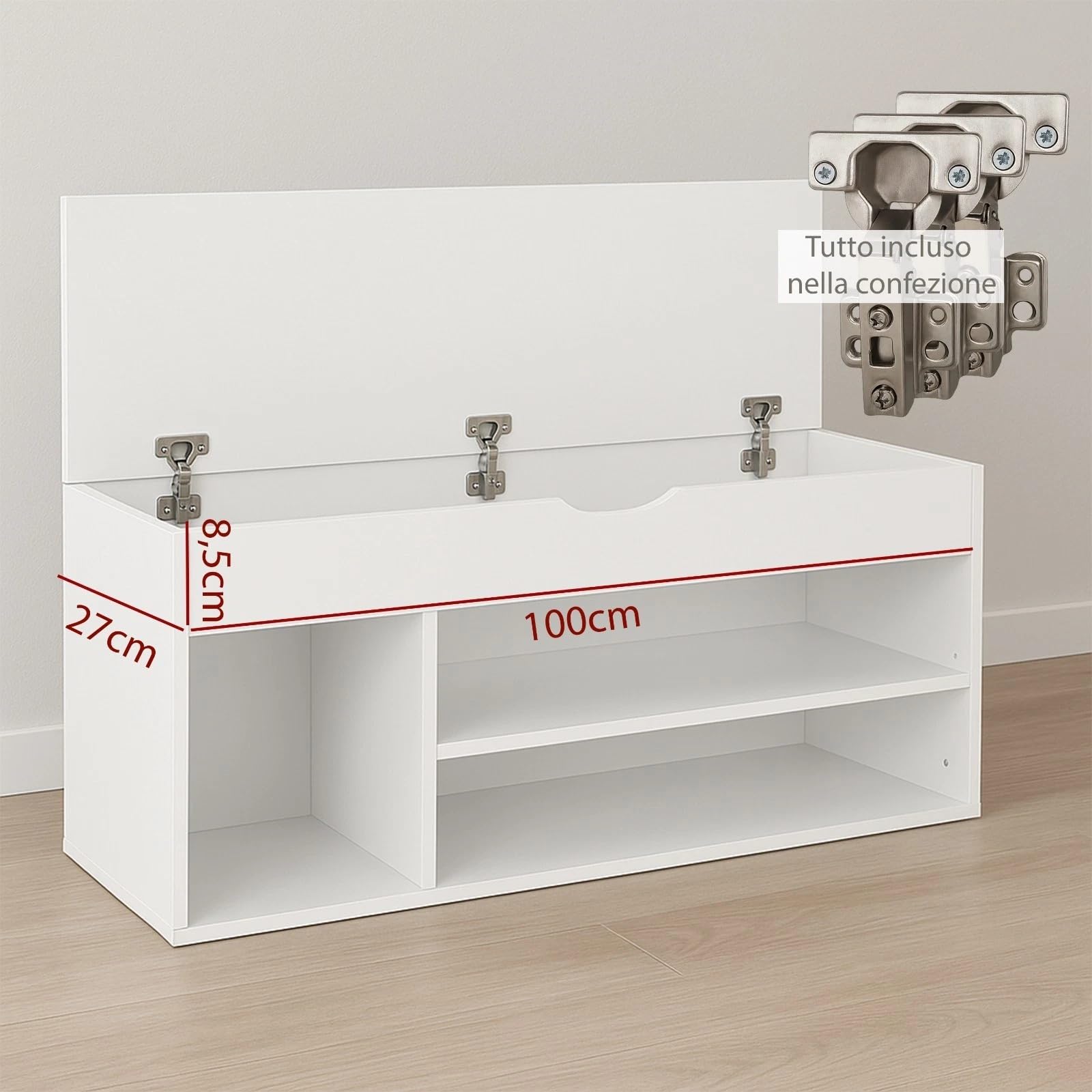 MAKA Scarpiera Panca Ingresso con Seduta, Cassapanca con Cuscino Imbottito L103xP30xA45, Capacità Seduta 150 Kg, 4 Scomparti a Scaffale, Legno Resistente (Bianco XL)